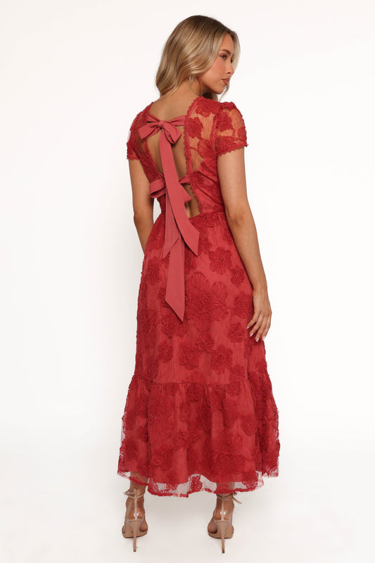 Women's Red Short Sleeve Round Neck Mesh Floral Maxi Dress