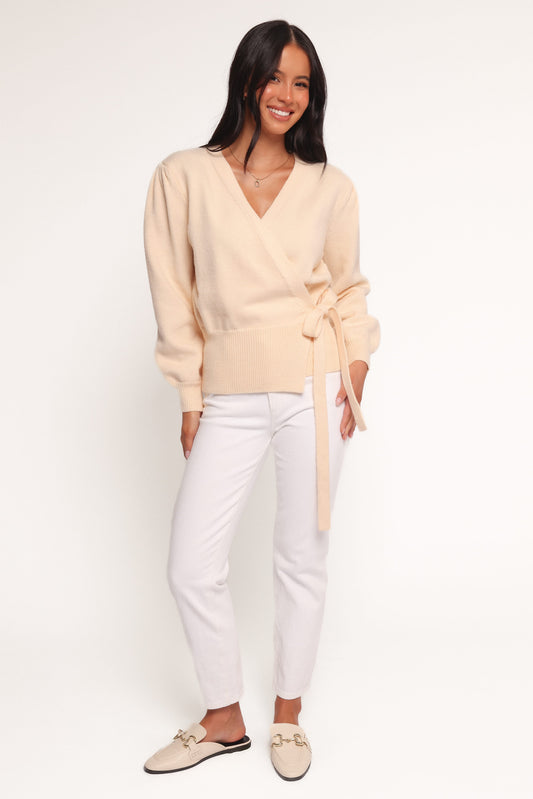 Women's Beige V-Neck Knitted Wrap Tie Long Sleeve Top