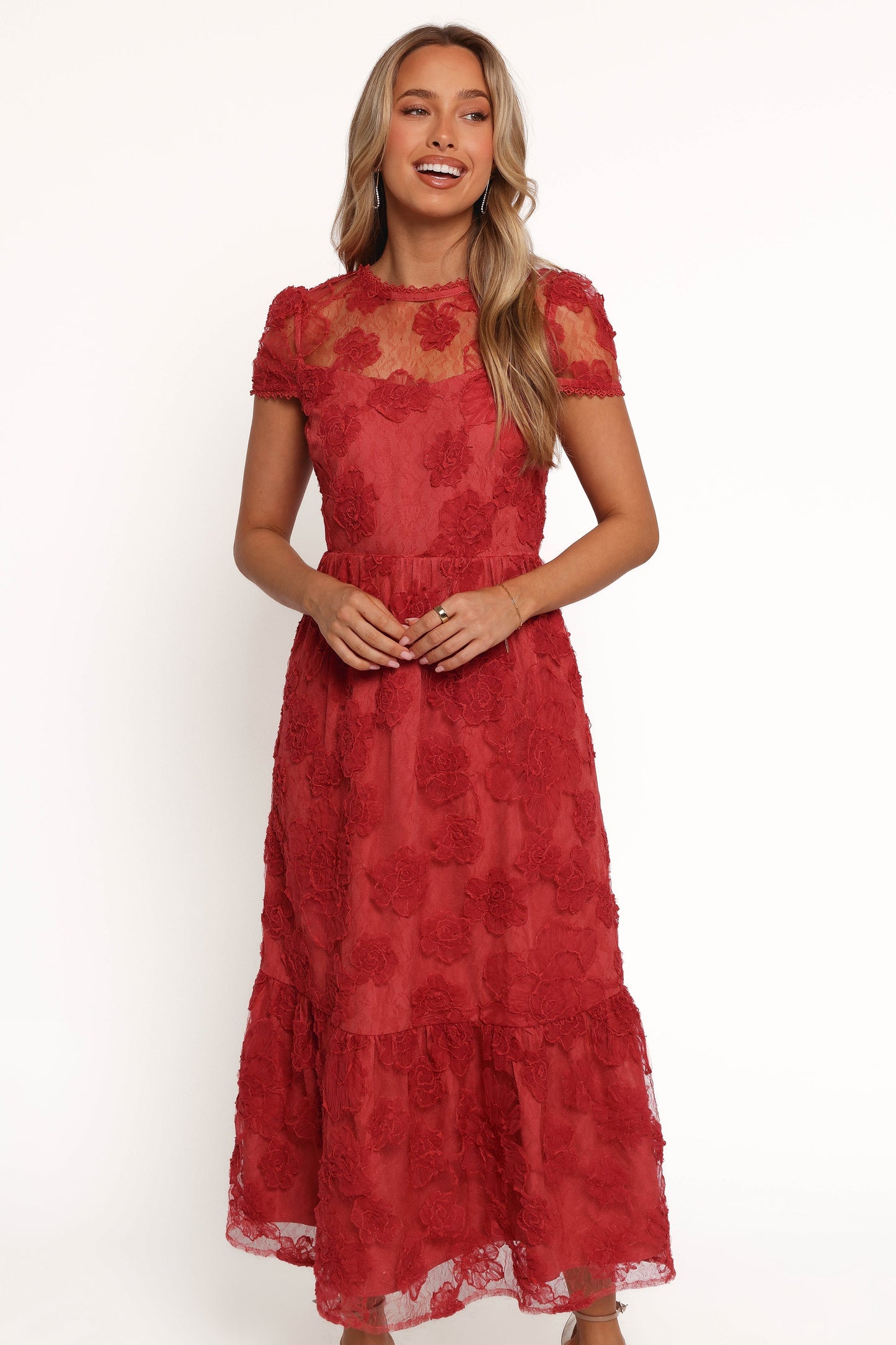 Women's Red Short Sleeve Round Neck Mesh Floral Maxi Dress