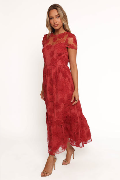 Women's Red Short Sleeve Round Neck Mesh Floral Maxi Dress