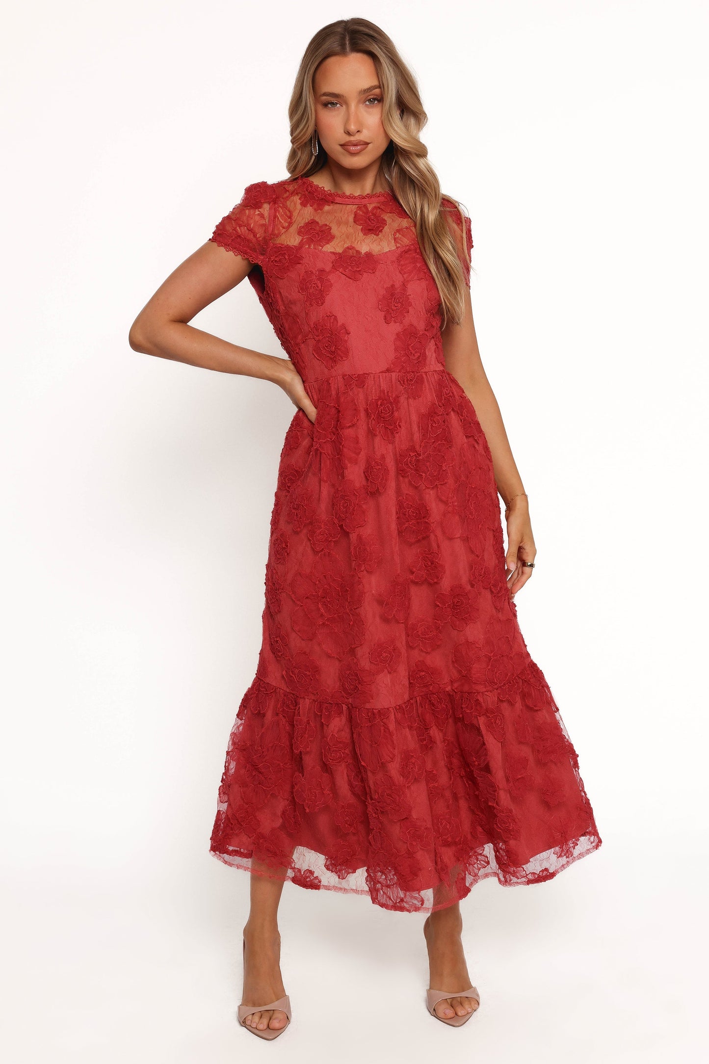 Women's Red Short Sleeve Round Neck Mesh Floral Maxi Dress