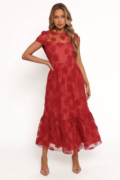 Women's Red Short Sleeve Round Neck Mesh Floral Maxi Dress