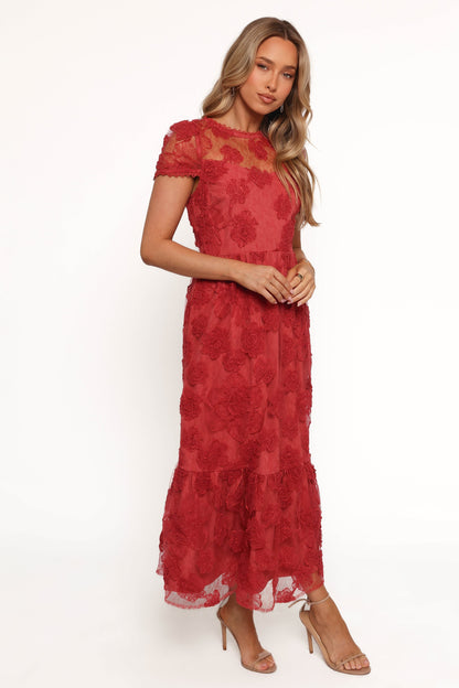 Women's Red Short Sleeve Round Neck Mesh Floral Maxi Dress