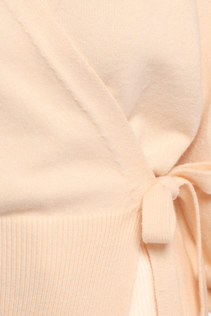 Women's Beige V-Neck Knitted Wrap Tie Long Sleeve Top