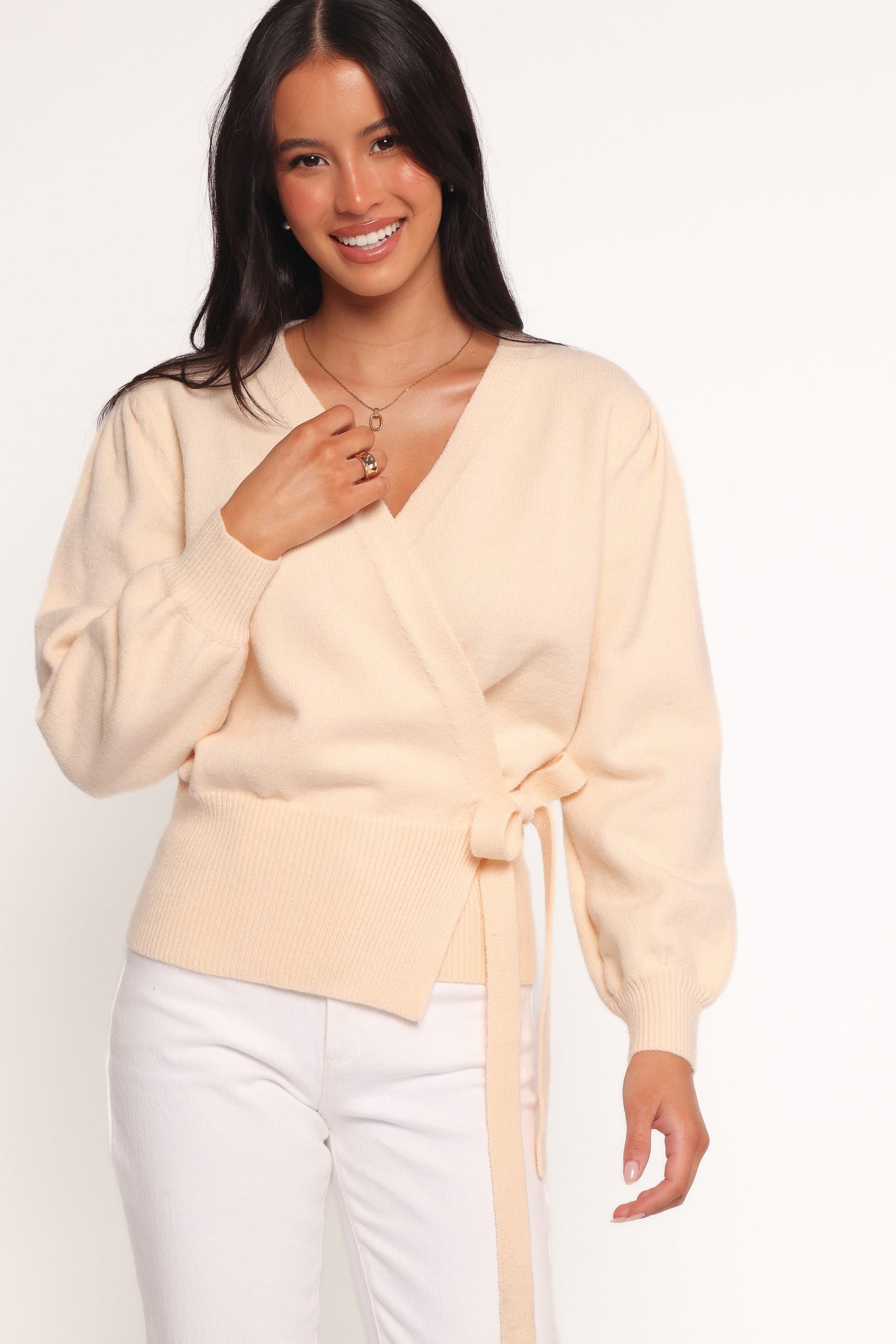 Women's Beige V-Neck Knitted Wrap Tie Long Sleeve Top