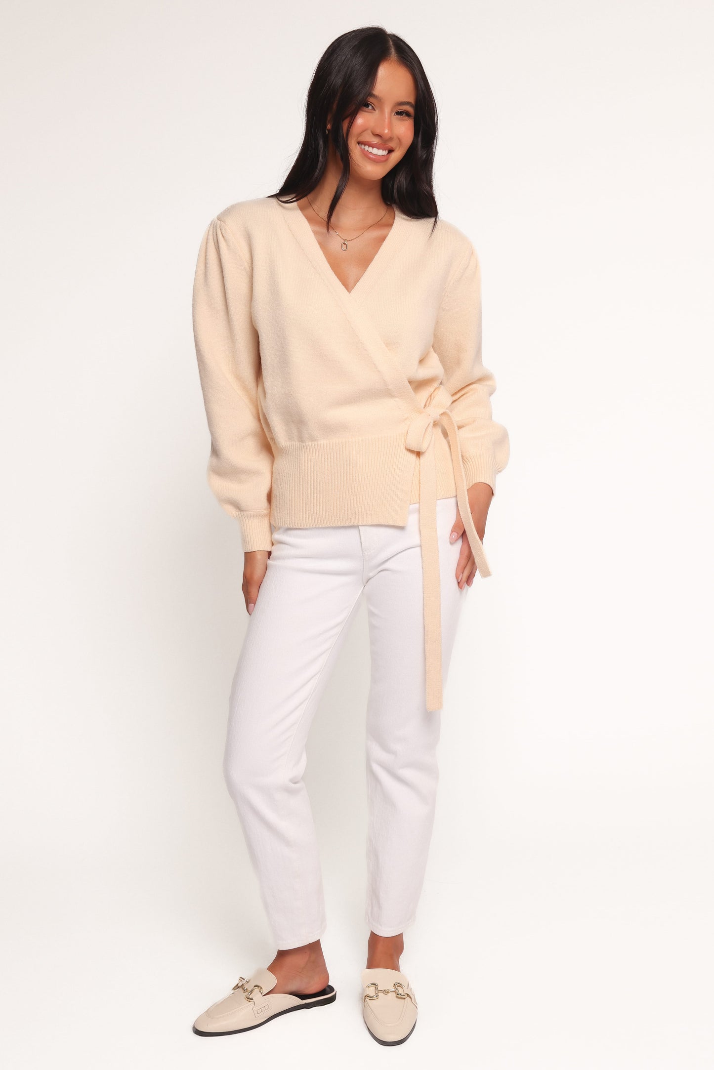 Women's Beige V-Neck Knitted Wrap Tie Long Sleeve Top