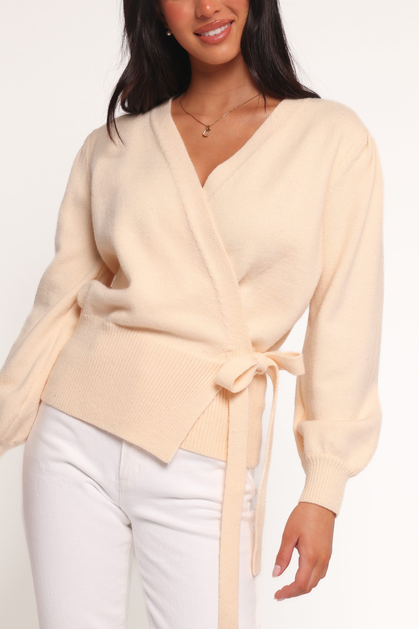 Women's Beige V-Neck Knitted Wrap Tie Long Sleeve Top