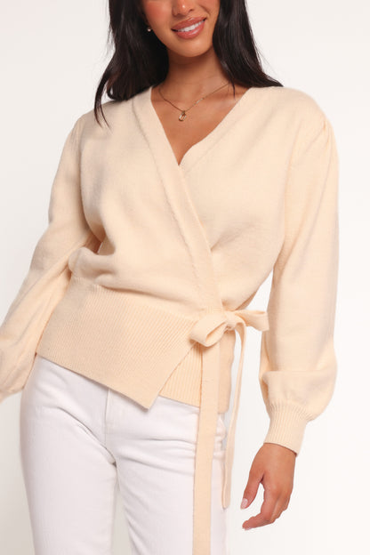 Women's Beige V-Neck Knitted Wrap Tie Long Sleeve Top