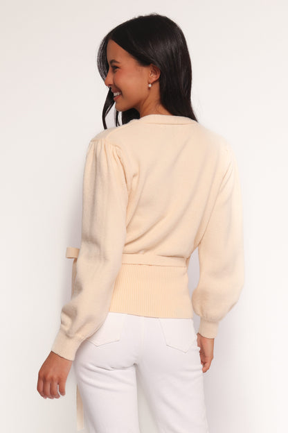 Women's Beige V-Neck Knitted Wrap Tie Long Sleeve Top
