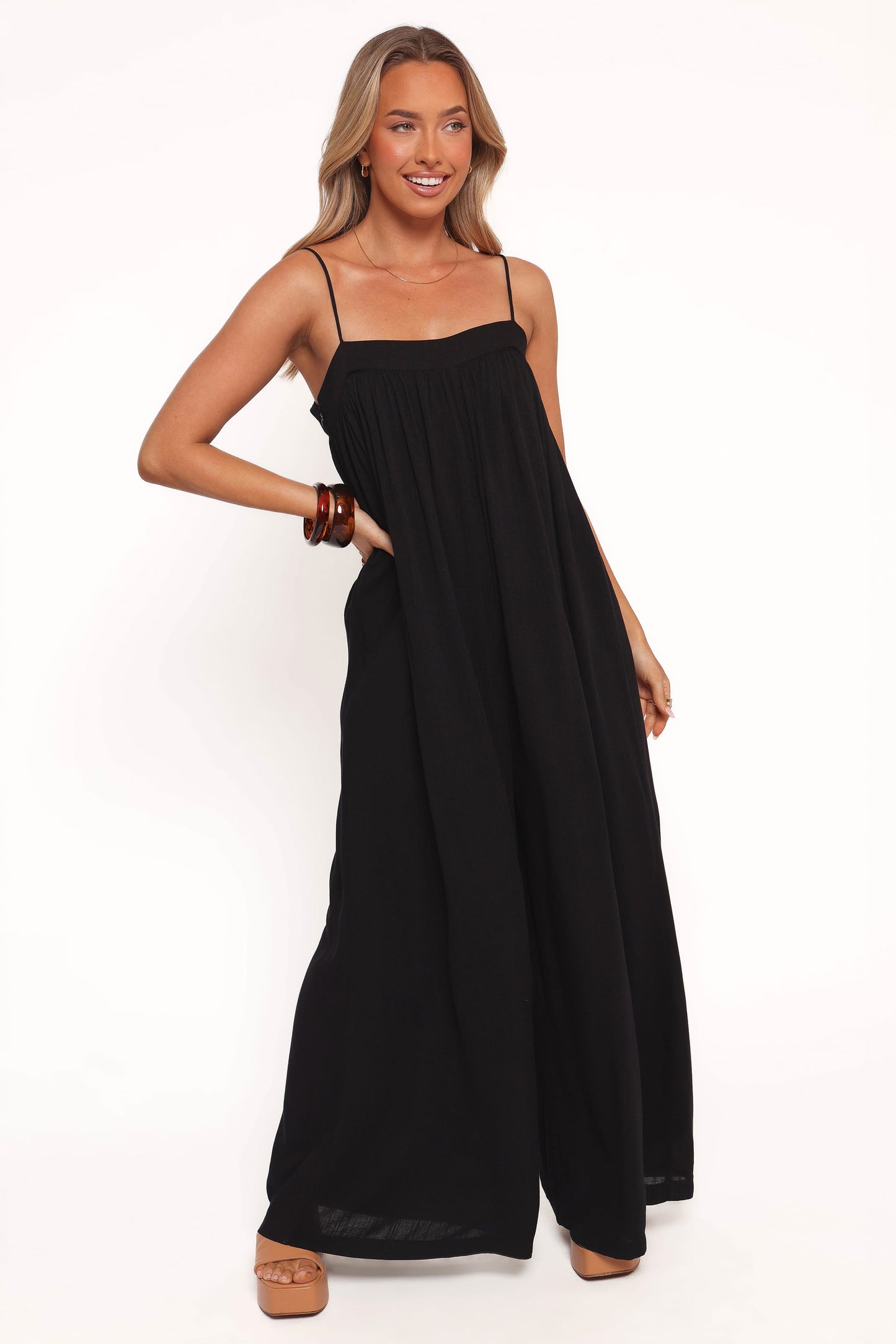 Women's Black Spaghetti Strap Maxi Dress - Loose Vacation A-Line Long Dress