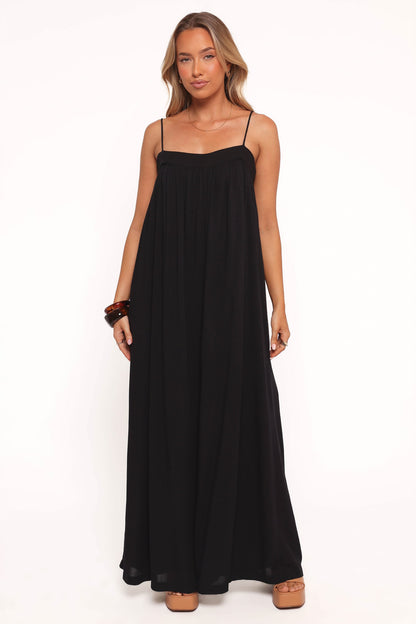 Women's Black Spaghetti Strap Maxi Dress - Loose Vacation A-Line Long Dress