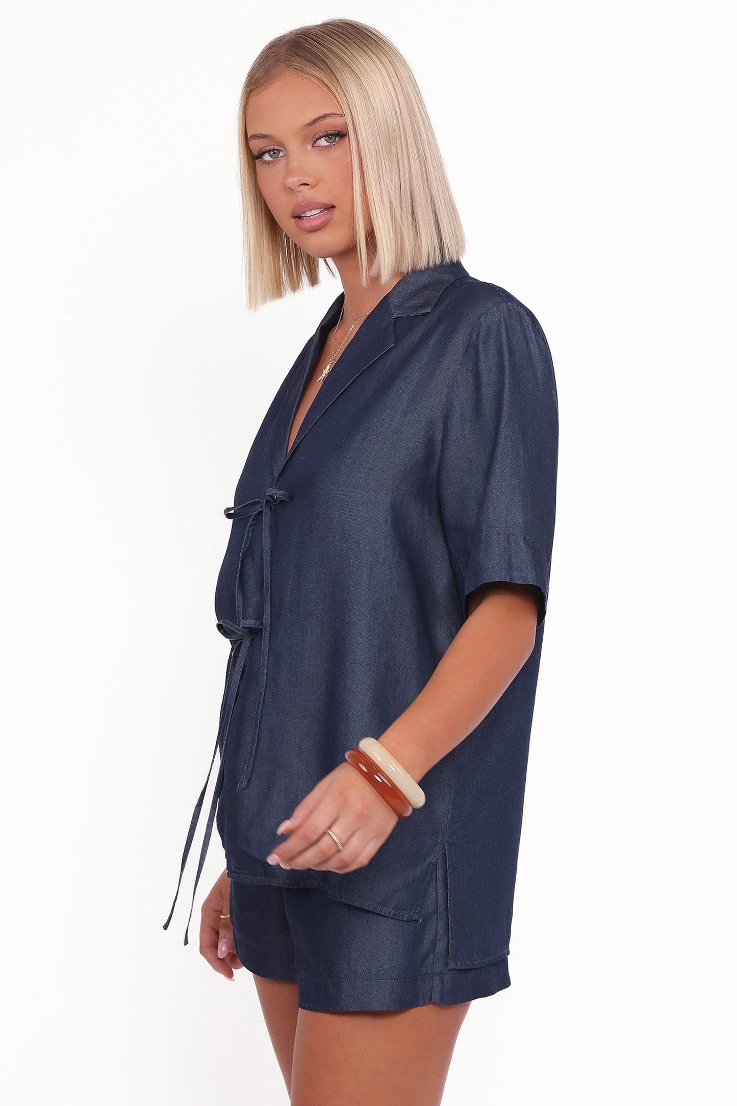 Women's Dark Grey Short Sleeve Bow-Tie Cardigan & Shorts 2-Piece Set