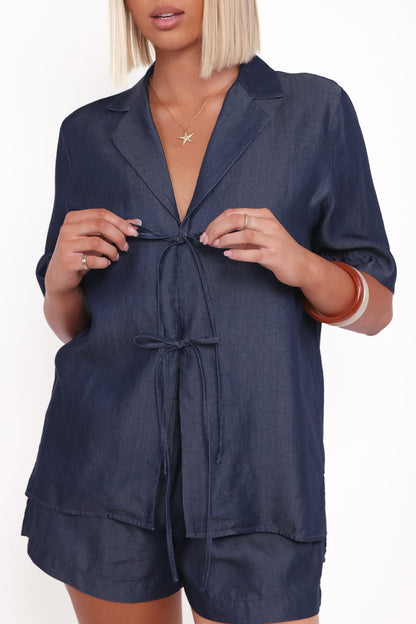 Women's Dark Grey Short Sleeve Bow-Tie Cardigan & Shorts 2-Piece Set